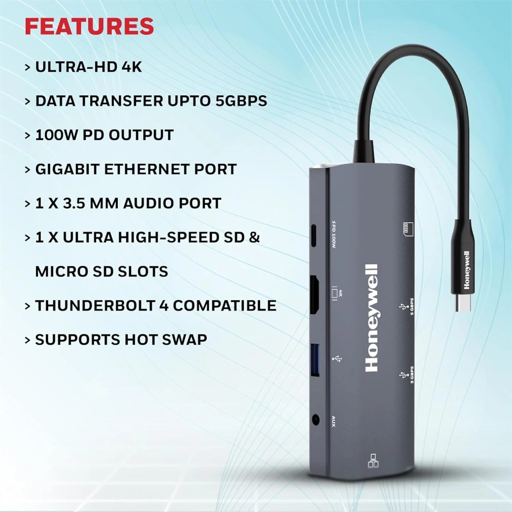 Honeywell Type C Docking Station 9 in 1 (USB | Type C | Hdmi | Lan | Aux | SD Card) (Open Box) view 3